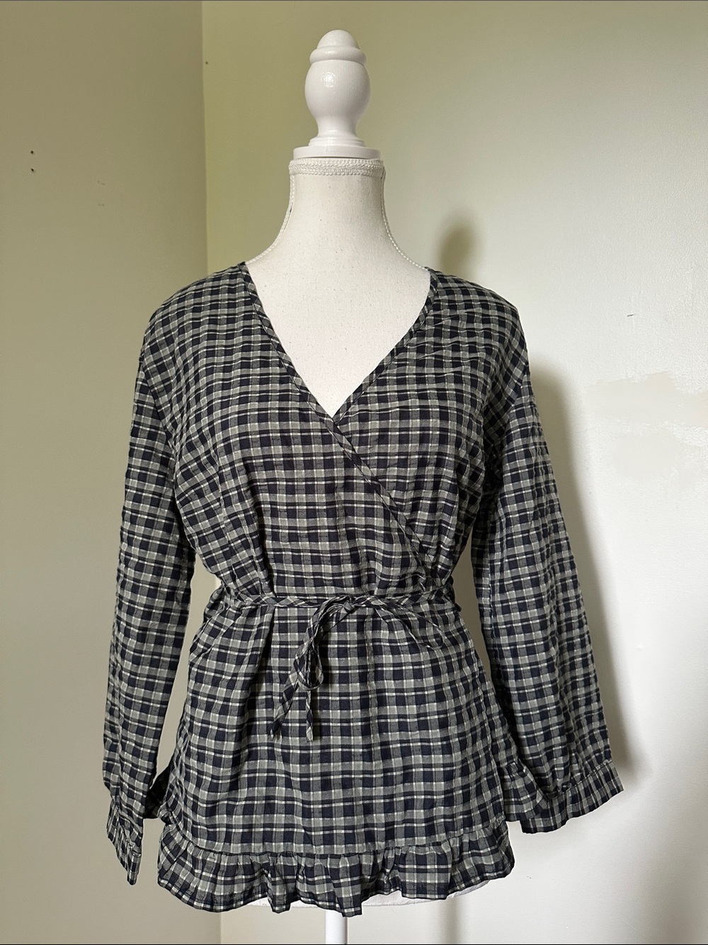 MSCH COPENHAGEN Blue Plaid Prairie Cottagecore Ruffle Vneck Wrap Blouse Small